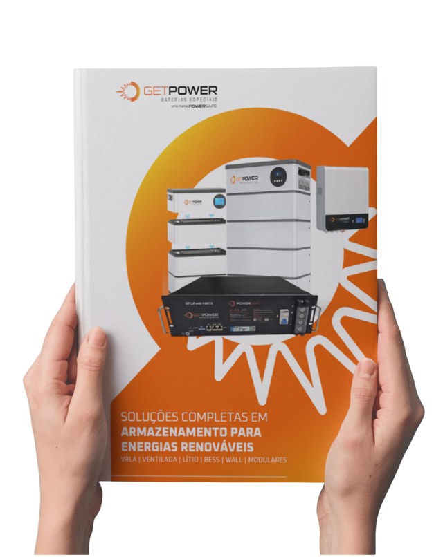 Catálogo impresso da Getpower — soluções completas em armazenamento para energias renováveis