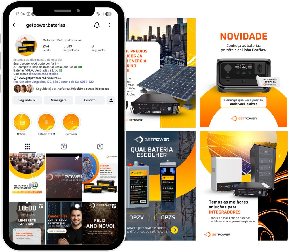Perfil da Getpower no Instagram e grade de publicações produzidas