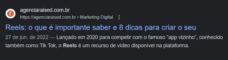 Exemplo de como seu site aparece nos mecanismos de busca.