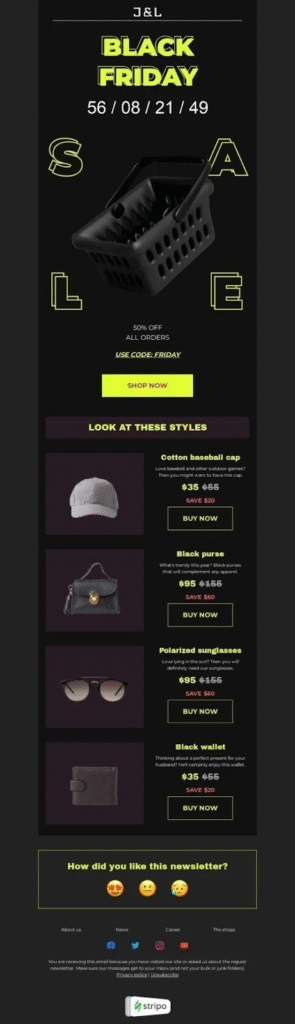 e-mail marketing com design escuro e comercial para promoção de black friday