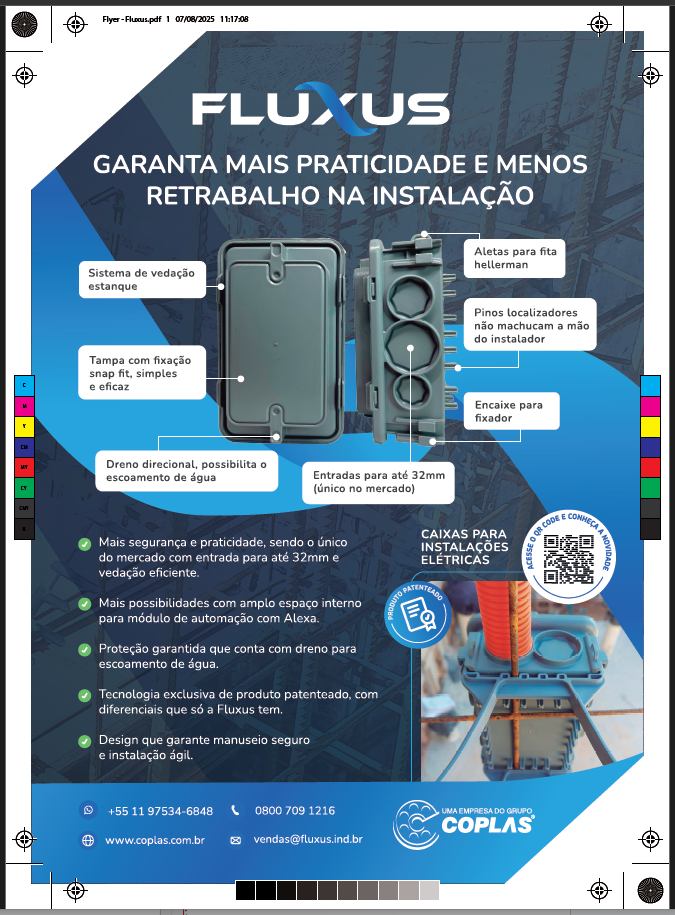 Página de um material gráfico tipo flyer com linha de corte, marca de registro e sangria no Adobe Acrobat PDF