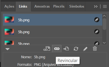 Janela Links no Adobe Illustrator mostrando imagens desvinculadas e botão Revincular