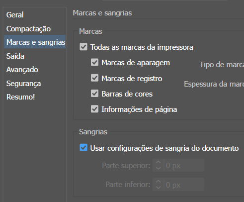 Janela definição de Marcas e Sangrias, todos os itens marcados