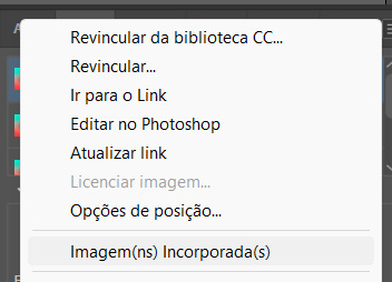 Janela Links no Adobe Illustrator no menu de mais opções indicando para Incorporar Imagem