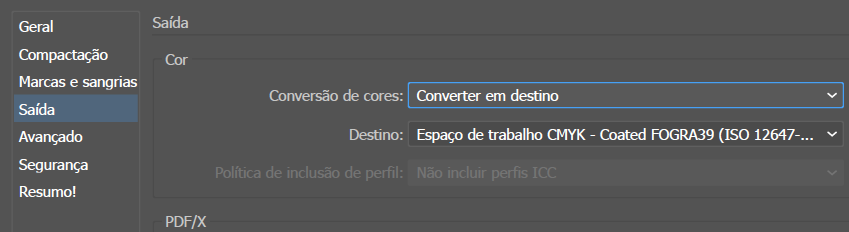 Janela definição de saída Converter em destino e Espaço de trabalho CMYK