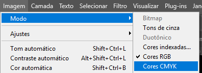 No Photoshop, no menu imagem e na aba Modo, o perfil de cor pode ser alterado para CMYK